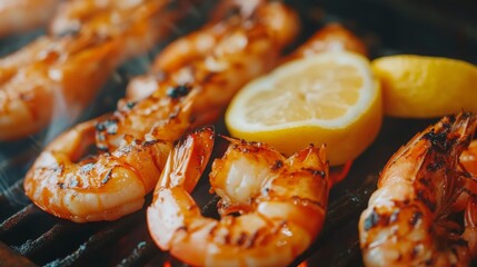 A close-up of perfectly grilled shrimp on a sizzling barbecue, glistening with marinade, and served with a slice of lemon and dipping sauce, showcasing mouthwatering details