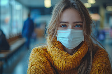 Sticker - A woman sitting in a waiting room with a surgical mask on, reflecting fear of viral infections. Concept of health protection.