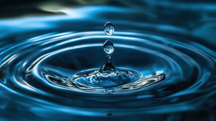 Poster - A clear water droplet falls onto a still blue surface, causing concentric ripples that radiate outward, reflecting light and enhancing the serene atmosphere