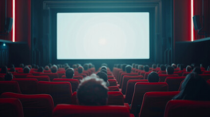 Wall Mural - Cinema experience blank wide screen with red chairs and blurred silhouettes of audience in a movie hall