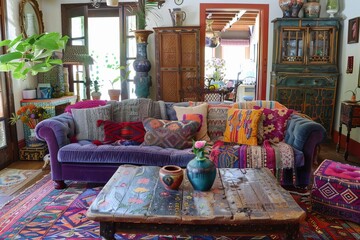 Interior of luxury living room with comfortable sofas, pillows, plants, table and wooden furniture