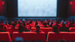 © Alexander - Cinema experience blank wide screen with red chairs and blurred silhouettes of audience in a movie hall