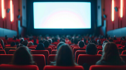 Wall Mural - Cinema experience blank wide screen with red chairs and blurred silhouettes of audience in a movie hall