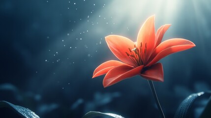 A red flower is in the foreground of a blue background