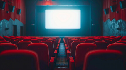 Wall Mural - Cinema experience blank wide screen with red chairs and blurred silhouettes of audience in a movie hall