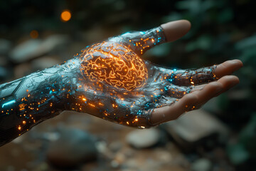 Aufkleber - A robotic arm with a human hand at the end, reaching towards a glowing brain made of light and circuits. Concept of innovation and intelligence.