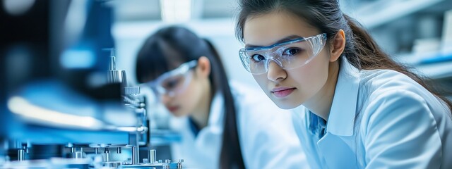 Poster - young women conduct research in a laboratory while wearing safety goggles and white lab coats during