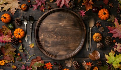 Wall Mural - rustic autumn table setting with wooden plate and fall decorations