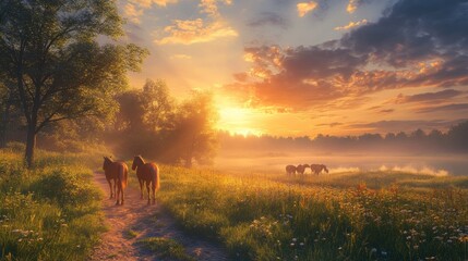 Poster - A group of horses are walking down a path in a field