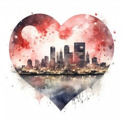 Wall Mural - Heart watercolor city night shape architecture heart shape.