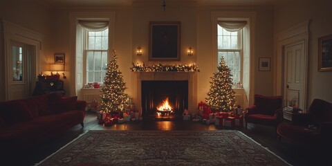 Cozy Christmas living room with two decorated trees and a warm fireplace, surrounded by gifts and festive decorations creating a joyful holiday atmosphere