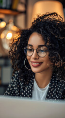 Sticker - Confident Young Businesswoman Applying for Job Online with Laptop in Office