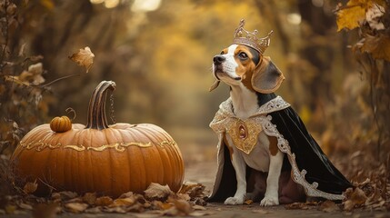 Wall Mural - Beagle in Royal Costume with Pumpkin in Autumn Setting