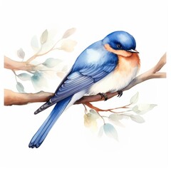 Canvas Print - Watercolor swallow sleeping animal cartoon branch.