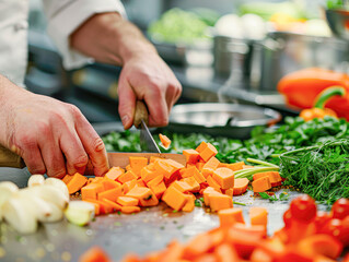 Wall Mural - A chef is cutting vegetables on a cutting board