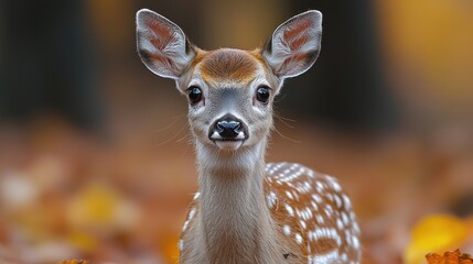 Wall Mural - young fawn standing amidst colorful autumn leaves in a serene forest during a sunny afternoon