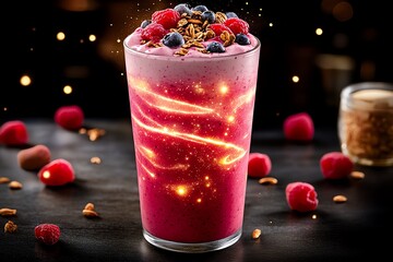 Poster - A weight loss smoothie made from glowing, magical fruits, floating in a mystical kitchen, where ingredients seem to swirl with light and energy