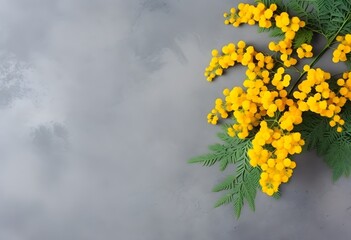 Wall Mural - spring mimosa flowers flat lay on gray background