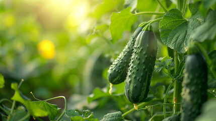 Climbing cucumber plant in  veggie garden, fresh and green