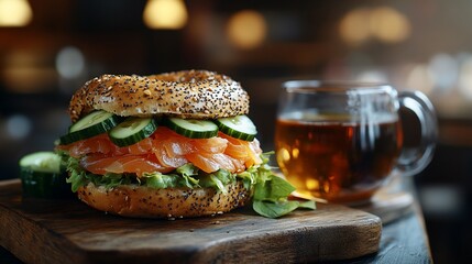 Fresh smoked salmon bagel with cucumber and lettuce, served with tea.