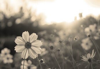 Wall Mural - Sunset Bloom: White Cosmos Flower Field