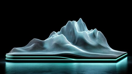 Wall Mural - A captivating display combines glowing green laser outlines of mountain peaks with a sound wave model, generating an energetic visual experience perfect for digital art creations