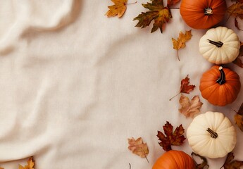 Wall Mural - autumn fall pumpkins leaves beige background