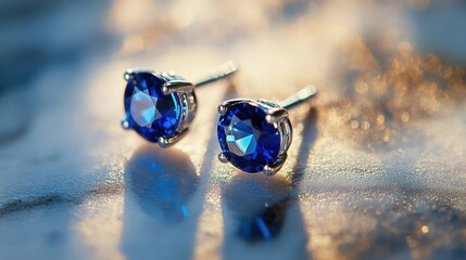 Poster - These exquisite sapphire earrings shine brightly, reflecting soft light beautifully on a smooth, polished surface, showcasing their vibrant blue allure