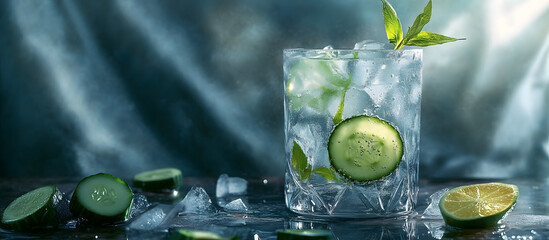 Sticker - A gin and tonic served in a misted glass on a weathered background garnished with lime cucumber and juniper providing a copy space image