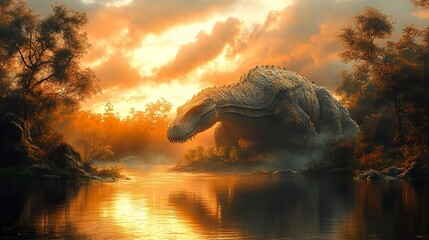 Poster - Dinosaur at Sunset: A Prehistoric Beast in a Serene Landscape