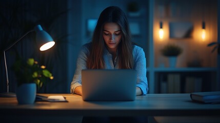 Poster - Young Woman Working at Night with Laptop