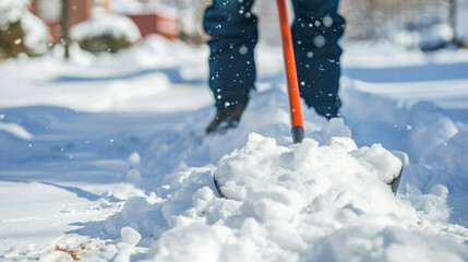 Wall Mural - Close up Person shoveling deep snow from the driveway or sidewalk during a winter day, depicting cold weather maintenance work and chores