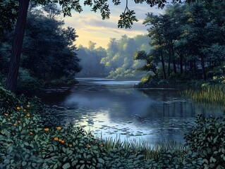 Poster - Tranquil lakeside scene with still waters reflecting the verdant forest canopy delicate interplay of light and shadow creating a serene ambiance