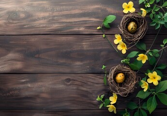 Wall Mural - easter eggs nest with yellow flowers on wood