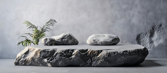 Wall Mural - Stone podium with rocks and snags on grey background ideal for showcasing products with a wabi sabi aesthetic Features copy space image in a frontal perspective