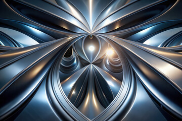 Poster - Mesmerizing metallic abstraction featuring dynamic curves and luminous centers in a surreal three-dimensional space. Generative AI