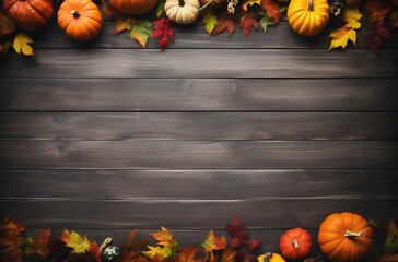 Wall Mural - autumn leaves and pumpkins on wooden background
