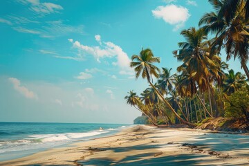 A wide shot of the beautiful tropical beach in India with palm trees, bright blue sky