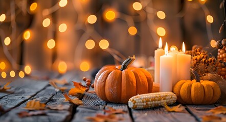 Wall Mural - autumn harvest table with pumpkins and candles