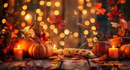 Wall Mural - autumn harvest table with pumpkins, corn, and candles