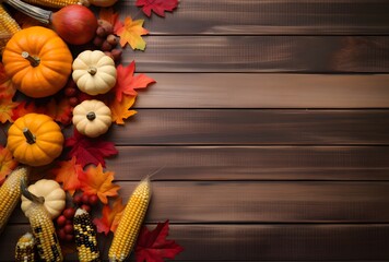 Wall Mural - autumn harvest wooden background with pumpkins, corn, and leaves