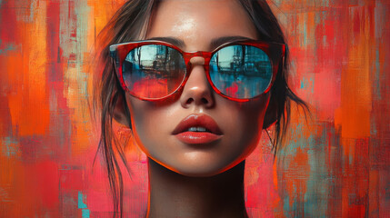 Wall Mural - Close-up portrait of a woman with red sunglasses.