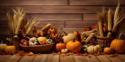 Wall Mural - autumn harvest still life with pumpkins & corn
