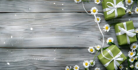 Wall Mural - green gift boxes with daisies on wooden background