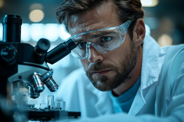Poster - a laboratory technician looking through a microscope, searching for a cure to a disease. concept of 