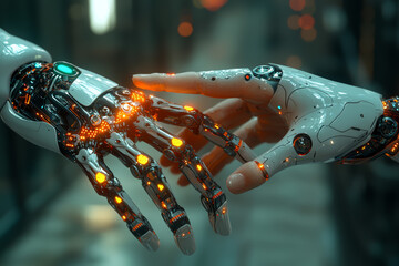Poster - A human hand reaching out to touch a robot's hand, with light passing between them, symbolizing a mental connection. Concept of AI and collaboration.