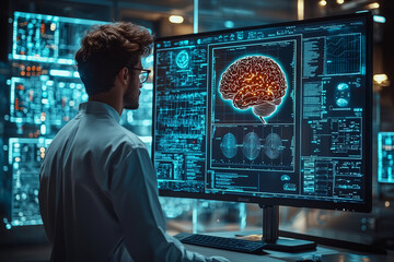 Aufkleber - A human figure standing in front of a computer screen displaying their own brain activity in real-time. Concept of biofeedback and technology.