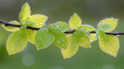 Wall Mural - A close-up view of a green plant branch with fresh leaves covered in dewdrops against a soft blurred background that signifies the essence of nature's beauty