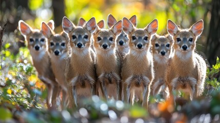 Wall Mural - a group of playful fox kits exploring a forest during a sunny afternoon in a vibrant autumn landscap