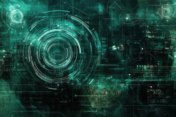 Poster - Mysterious digital landscape featuring vibrant green circuit patterns and intricate technology designs in a futuristic setting. Generative AI
